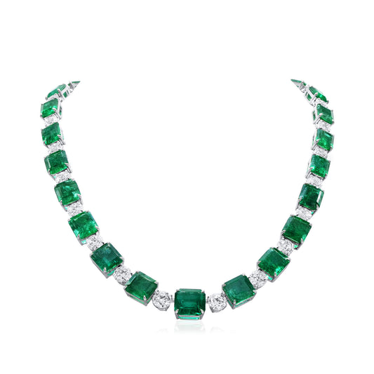 18K White Gold Statement Necklace With 97.77 TCW Emerald Shape Natural Emerald, GRS Certified