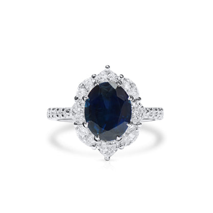 18K White Gold Statement Ring With 3.37 TCW Oval Shape Natural Sapphire, EG_LAB Certified