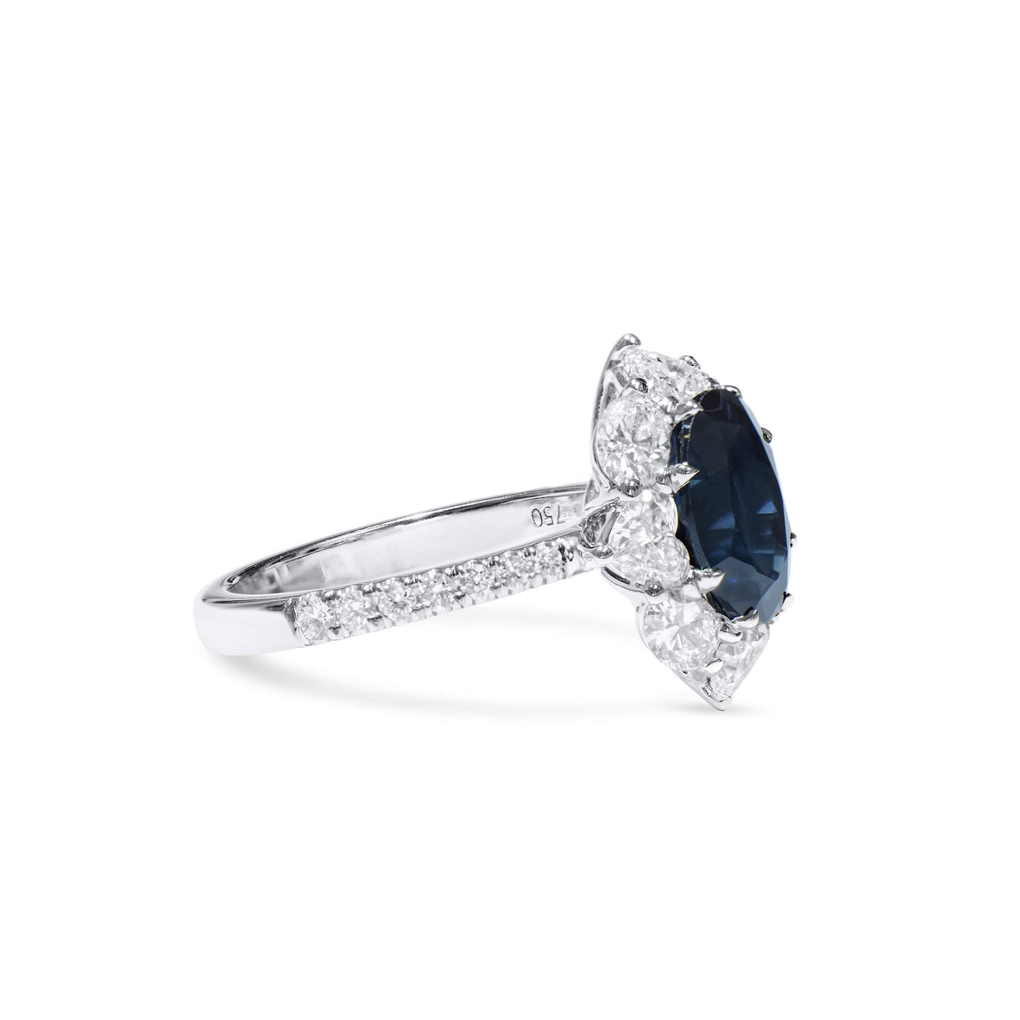 18K White Gold Statement Ring With 3.37 TCW Oval Shape Natural Sapphire, EG_LAB Certified