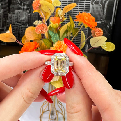 18K White & Yellow Gold Statement Ring With 3.02 TCW Yellow Emerald Shape Natural Diamond, GIA Certified