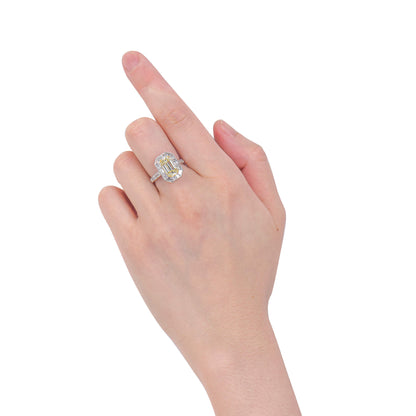 18K White & Yellow Gold Statement Ring With 3.02 TCW Yellow Emerald Shape Natural Diamond, GIA Certified