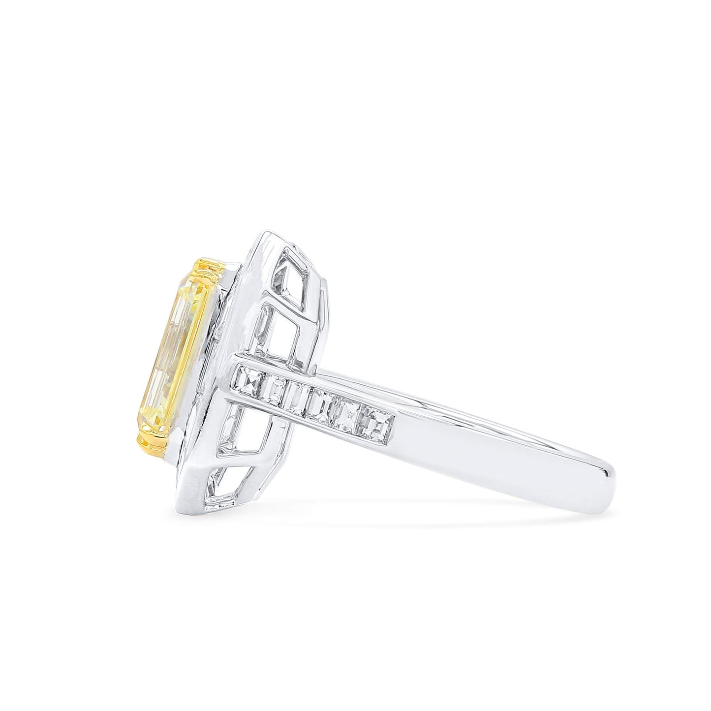 18K White & Yellow Gold Statement Ring With 3.02 TCW Yellow Emerald Shape Natural Diamond, GIA Certified