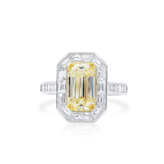 18K White & Yellow Gold Statement Ring With 3.02 TCW Yellow Emerald Shape Natural Diamond, GIA Certified