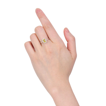 18K White Gold Statement Ring With 1.56 TCW Yellow Oval Shape Natural Diamond, GIA Certified