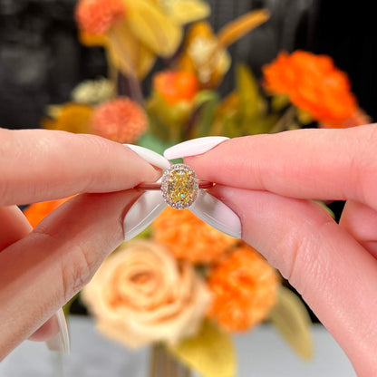18K White Gold Statement Ring With 1.56 TCW Yellow Oval Shape Natural Diamond, GIA Certified