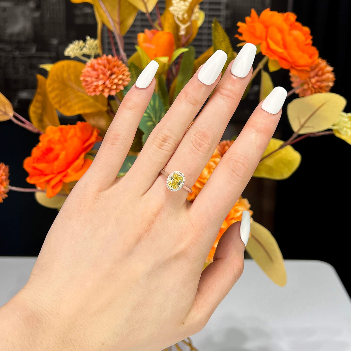 18K White Gold Statement Ring With 1.56 TCW Yellow Oval Shape Natural Diamond, GIA Certified