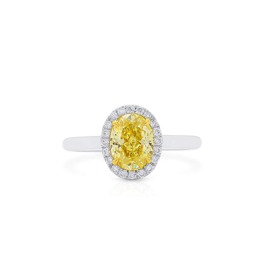 18K White Gold Statement Ring With 1.56 TCW Yellow Oval Shape Natural Diamond, GIA Certified