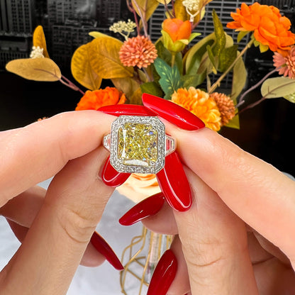 18K White & Yellow Gold Statement Ring With 5.03 TCW Yellow Radiant Shape Natural Diamond, GIA Certified
