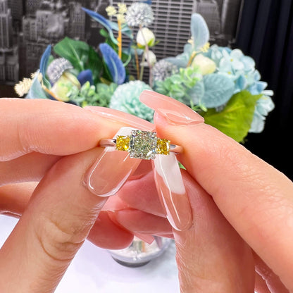 18K White & Yellow Gold Statement Ring With 0.83 TCW Green Radiant Shape Natural Diamond, GIA Certified