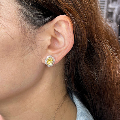 18K White & Yellow Gold Statement Earrings With 4.02 TCW Yellow Oval Shape Natural Diamond, GIA Certified