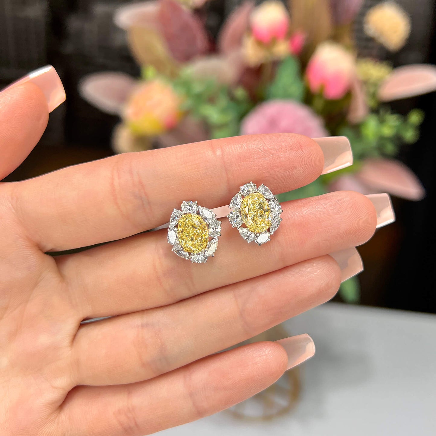 18K White & Yellow Gold Statement Earrings With 4.02 TCW Yellow Oval Shape Natural Diamond, GIA Certified
