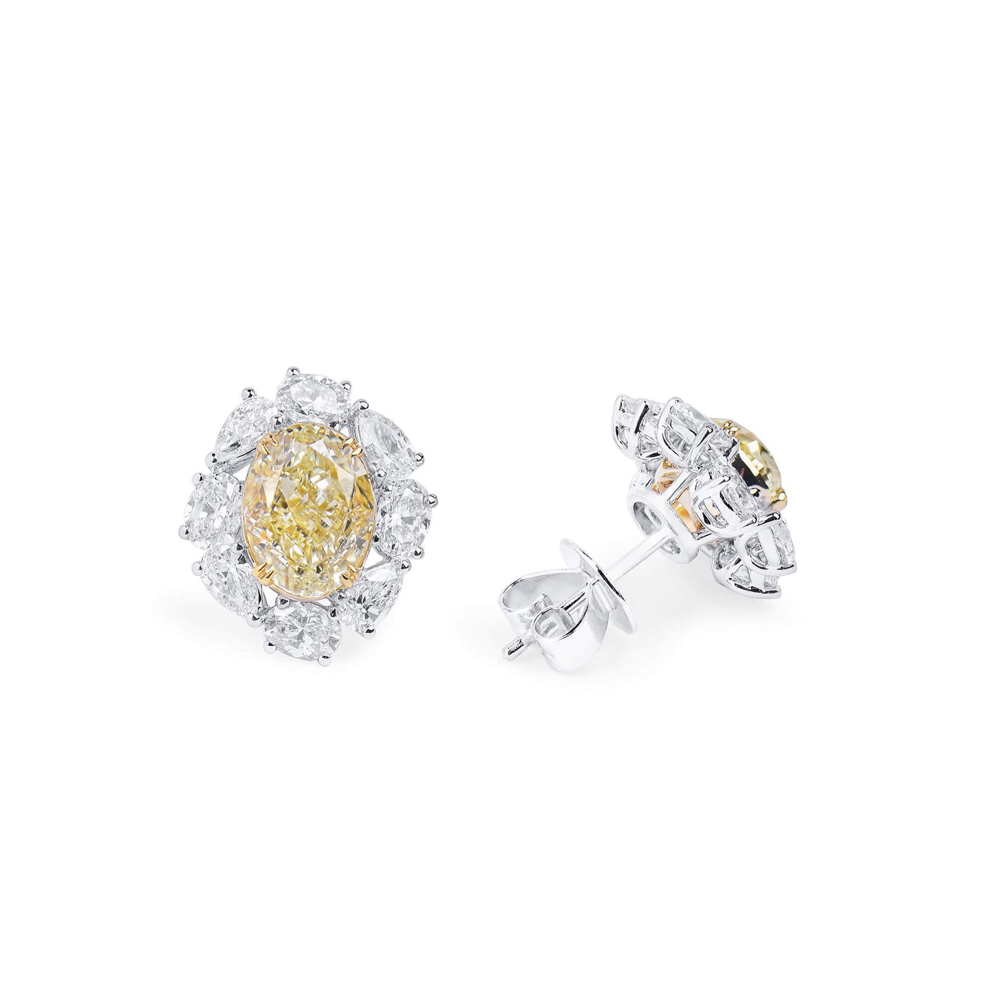 18K White & Yellow Gold Statement Earrings With 4.02 TCW Yellow Oval Shape Natural Diamond, GIA Certified