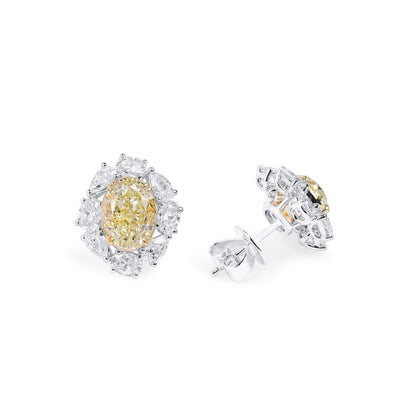 18K White & Yellow Gold Statement Earrings With 4.02 TCW Yellow Oval Shape Natural Diamond, GIA Certified