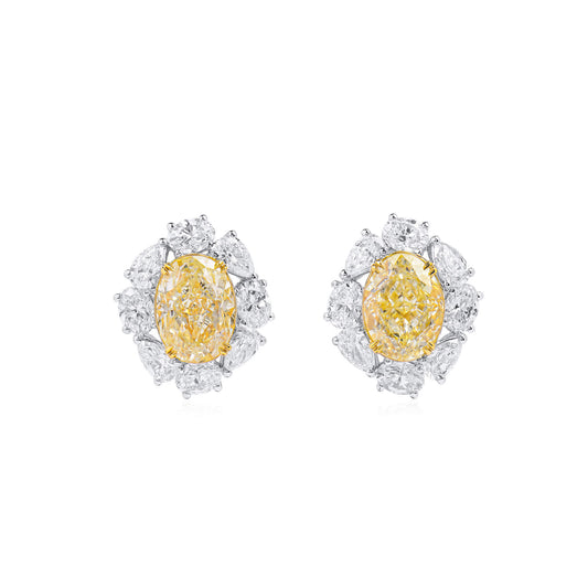 18K White & Yellow Gold Statement Earrings With 4.02 TCW Yellow Oval Shape Natural Diamond, GIA Certified