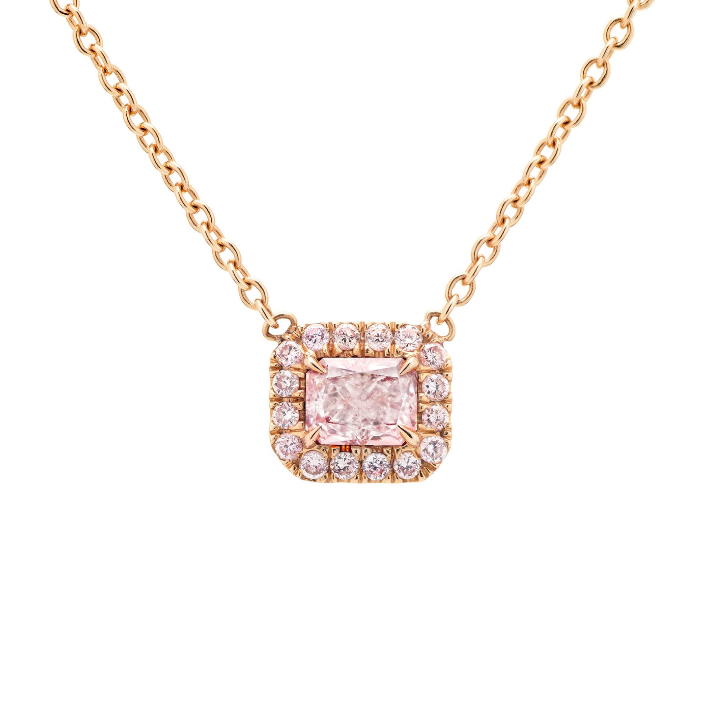 18K White Gold Statement Necklace With 0.45 TCW Pink Radiant Shape Natural Diamond, GIA Certified