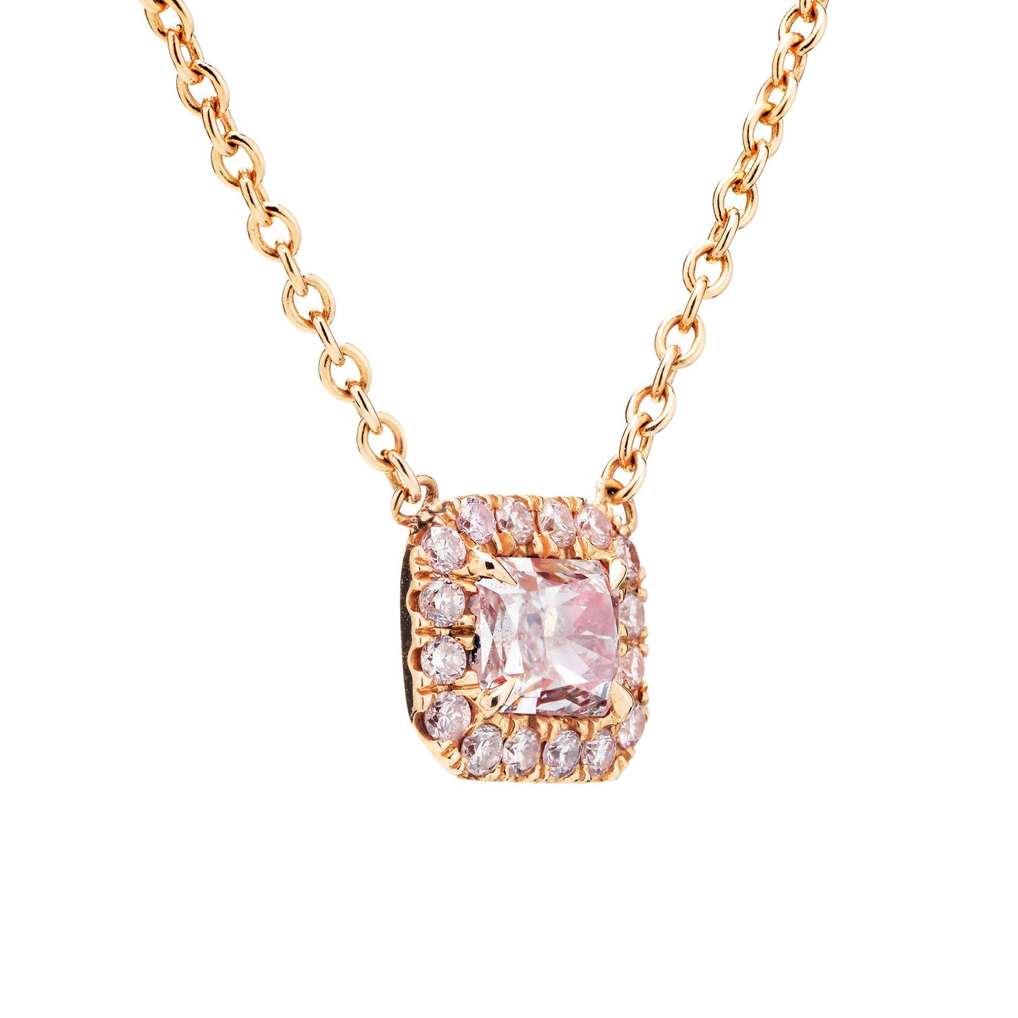 18K White Gold Statement Necklace With 0.45 TCW Pink Radiant Shape Natural Diamond, GIA Certified