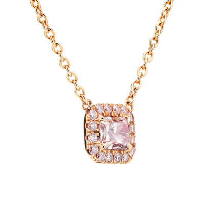 18K White Gold Statement Necklace With 0.45 TCW Pink Radiant Shape Natural Diamond, GIA Certified