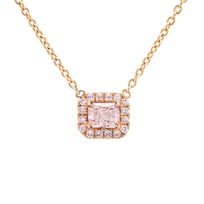 18K White Gold Statement Necklace With 0.45 TCW Pink Radiant Shape Natural Diamond, GIA Certified