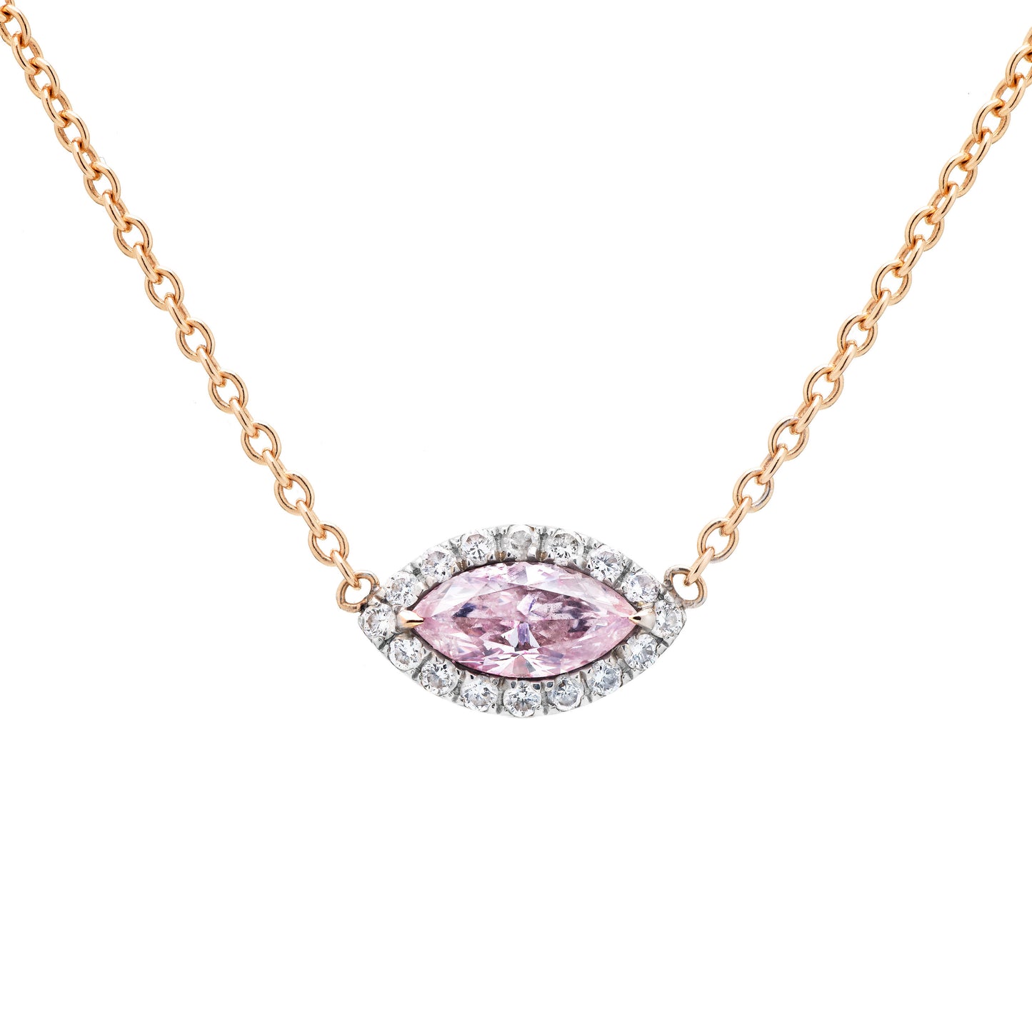 18K White & Rose Gold Statement Necklace With 0.39 TCW Pink Marquise Shape Natural Diamond, GIA Certified