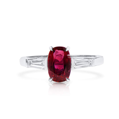 18K White Gold Statement Ring With 1.91 TCW Oval Shape Natural Ruby, GRS Certified