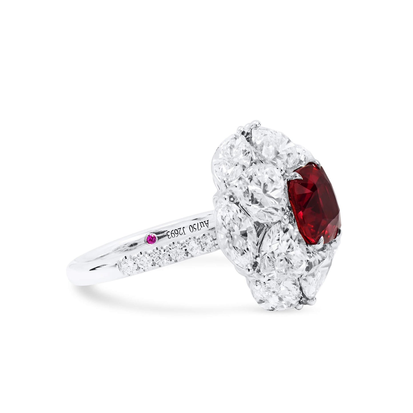 18K White Gold Statement Ring With 2.62 TCW Cushion Shape Natural Ruby, GRS Certified