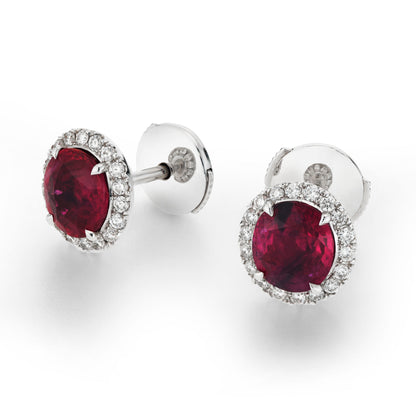 18K White Gold Statement Earrings With 2.36 TCW Oval Shape Natural Ruby, AGL Certified
