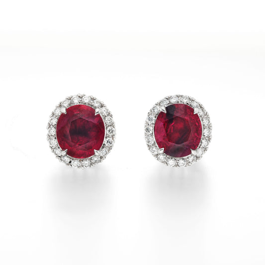 18K White Gold Statement Earrings With 2.36 TCW Oval Shape Natural Ruby, AGL Certified