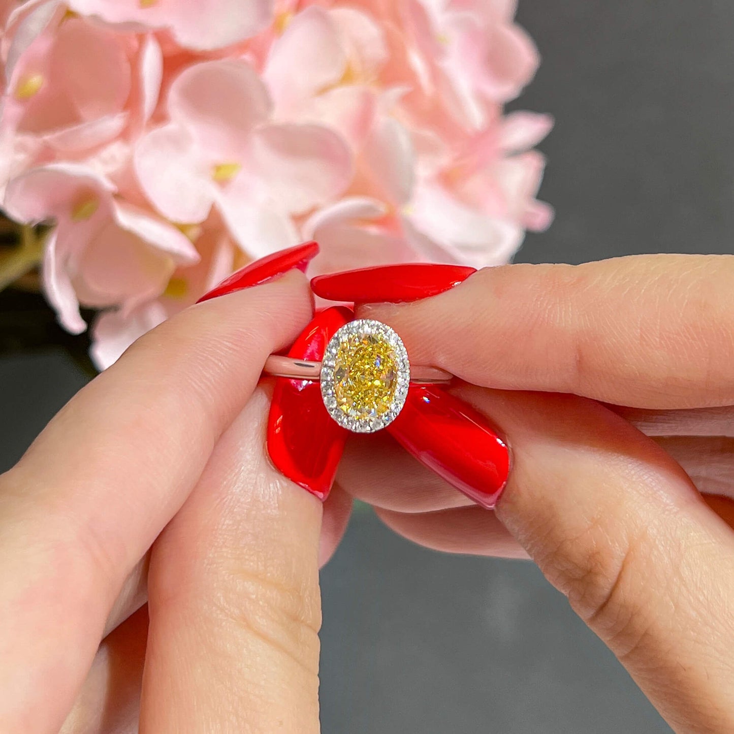 18K White Gold Statement Ring With 1.56 TCW Yellow Oval Shape Natural Diamond, GIA Certified