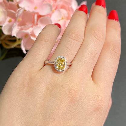 18K White Gold Statement Ring With 1.56 TCW Yellow Oval Shape Natural Diamond, GIA Certified