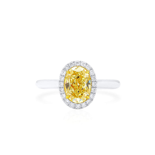 18K White Gold Statement Ring With 1.56 TCW Yellow Oval Shape Natural Diamond, GIA Certified