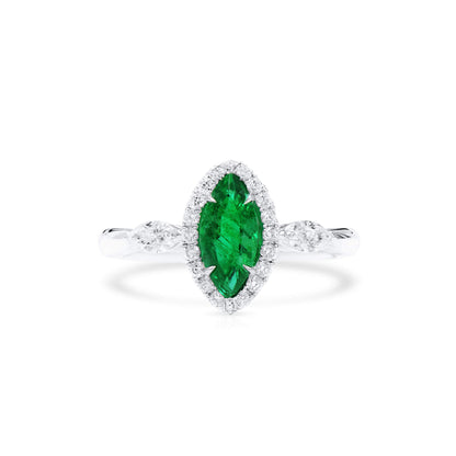18K White Gold Statement Ring With 0.60 TCW Marquise Shape Natural Emerald, GIA Certified