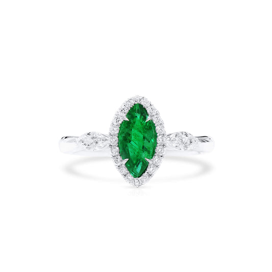 18K White Gold Statement Ring With 0.60 TCW Marquise Shape Natural Emerald, GIA Certified