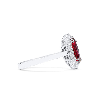 18K White Gold Statement Ring With 2.12 TCW Oval Shape Natural Ruby, GRS Certified
