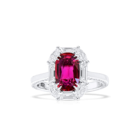 18K White Gold Statement Ring With 2.12 TCW Oval Shape Natural Ruby, GRS Certified
