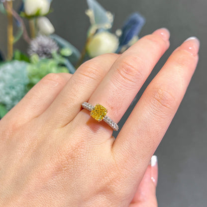 18K White & Yellow Gold Statement Ring With 1.58 TCW Yellow Cushion Shape Natural Diamond, GIA Certified