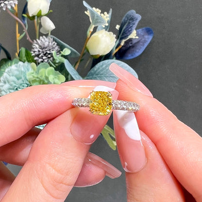 18K White & Yellow Gold Statement Ring With 1.58 TCW Yellow Cushion Shape Natural Diamond, GIA Certified