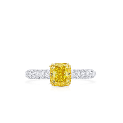 18K White & Yellow Gold Statement Ring With 1.58 TCW Yellow Cushion Shape Natural Diamond, GIA Certified