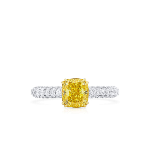 18K White & Yellow Gold Statement Ring With 1.58 TCW Yellow Cushion Shape Natural Diamond, GIA Certified