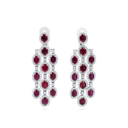 18K White Gold Statement Earrings With 8.27 TCW Oval Shape Natural Ruby, C.DUNAIGRE Certified