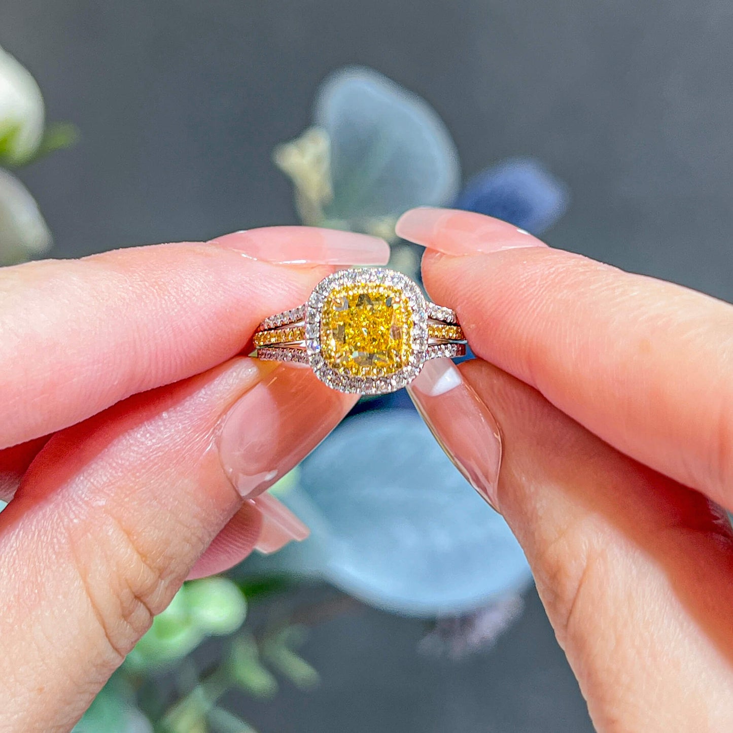 18K White & Yellow Gold Statement Ring With 1.53 TCW Yellow Cushion Shape Natural Diamond, GIA Certified
