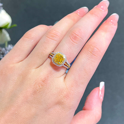 18K White & Yellow Gold Statement Ring With 1.53 TCW Yellow Cushion Shape Natural Diamond, GIA Certified