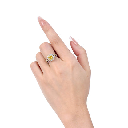 18K White & Yellow Gold Statement Ring With 1.53 TCW Yellow Cushion Shape Natural Diamond, GIA Certified