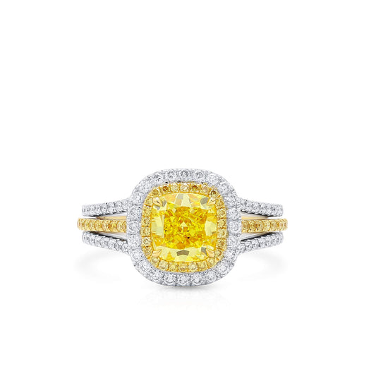 18K White & Yellow Gold Statement Ring With 1.53 TCW Yellow Cushion Shape Natural Diamond, GIA Certified