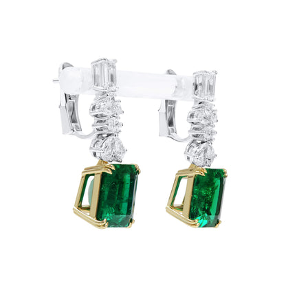 18K White & Yellow Gold Statement Earrings With 12.31 TCW Emerald Shape Natural Emerald, GRS Certified