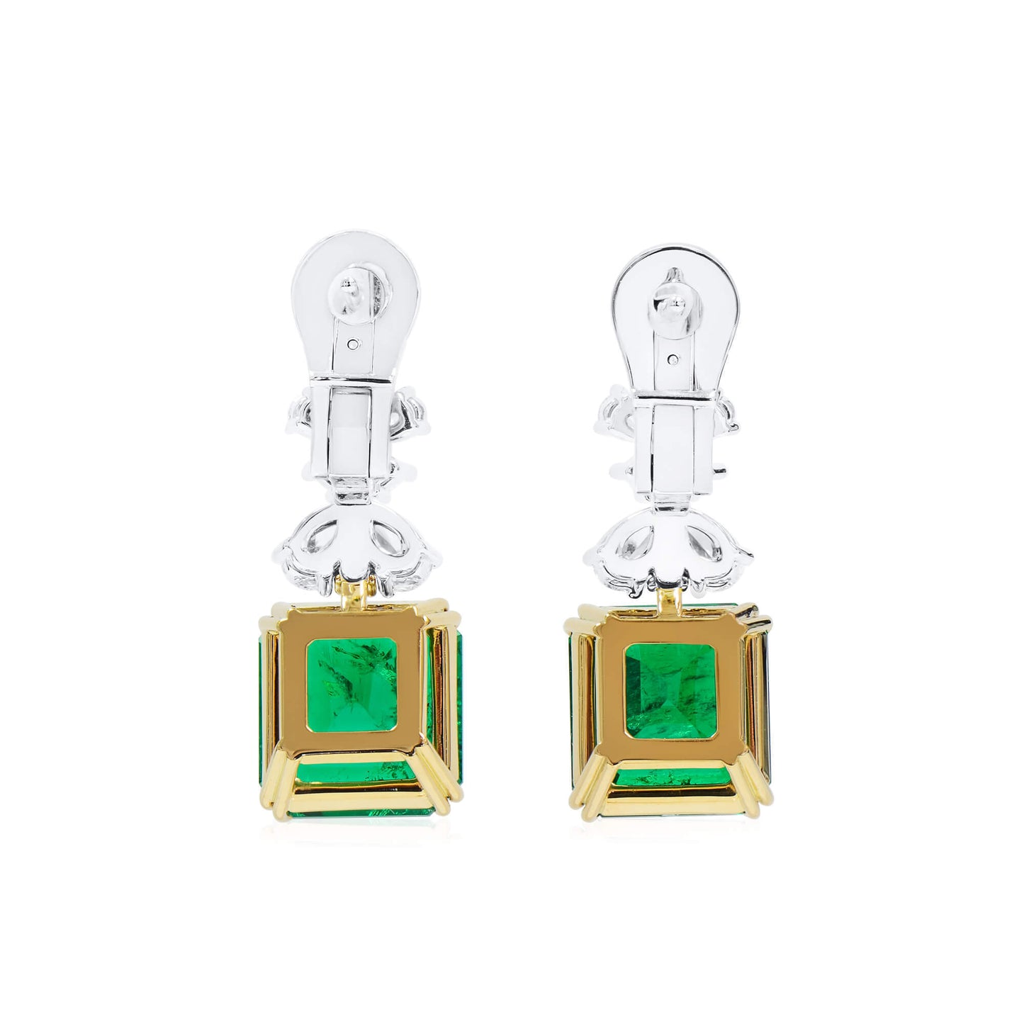 18K White & Yellow Gold Statement Earrings With 12.31 TCW Emerald Shape Natural Emerald, GRS Certified