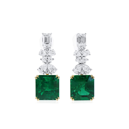 18K White & Yellow Gold Statement Earrings With 12.31 TCW Emerald Shape Natural Emerald, GRS Certified