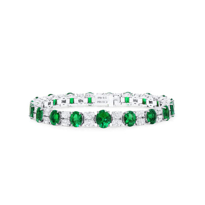 18K White Gold Statement Bracelet With 12.10 TCW Oval Shape Natural Emerald, GRS Certified
