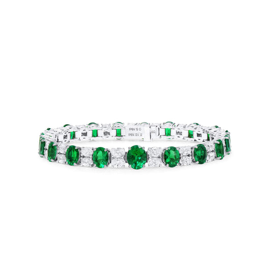 18K White Gold Statement Bracelet With 12.10 TCW Oval Shape Natural Emerald, GRS Certified