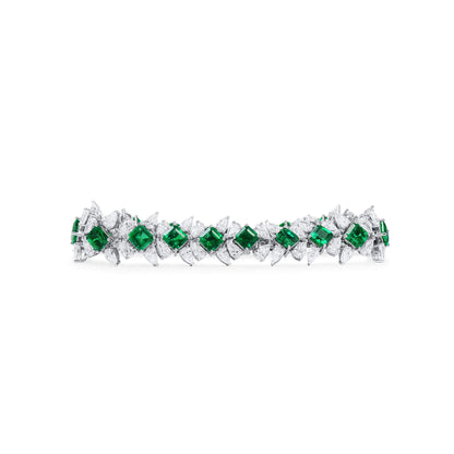 18K White Gold Statement Bracelet With 11.07 TCW Emerald Shape Natural Emerald, GRS Certified