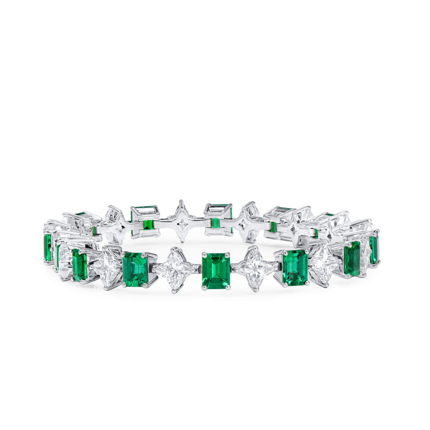 18K White Gold Statement Bracelet With 7.96 TCW Emerald Shape Natural Emerald, C.DUNAIGRE Certified